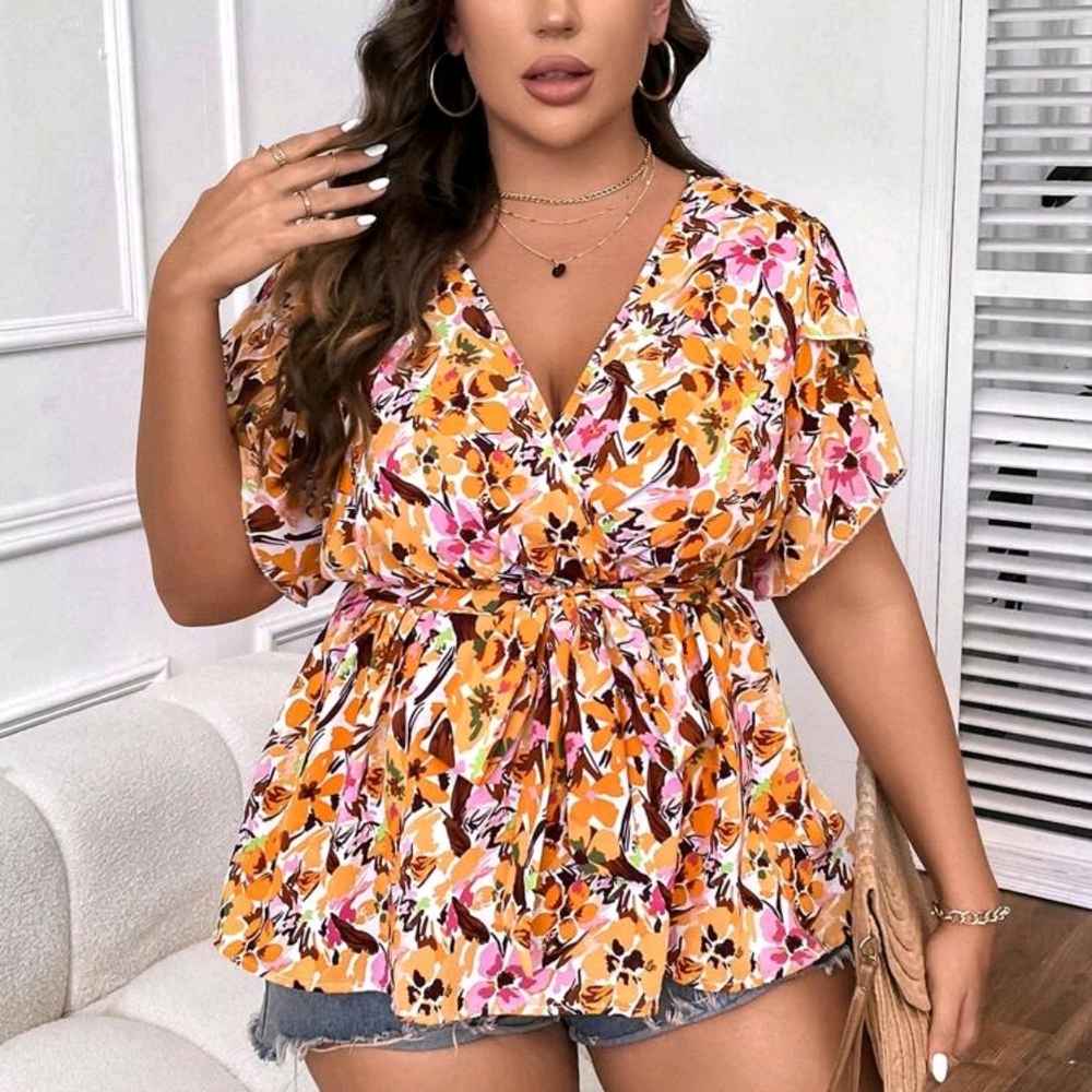 Floral V-Neck Wrap Top - Multicolor